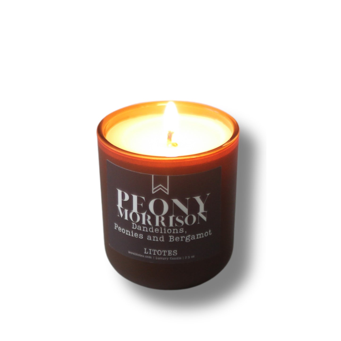 Candle in a brown jar with 'Peony Morrison' branding on a white background