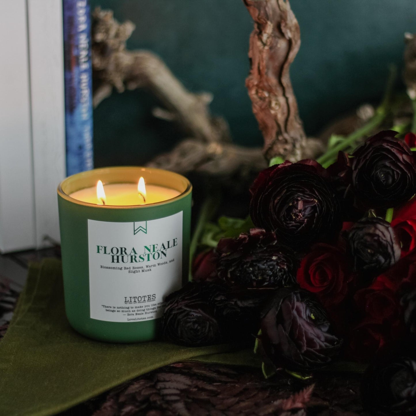 Luxury Soy Candle with the aroma of roses, woods, and slight musk. Flora Neale Hurston, celebrating author Zora Neale Hurston