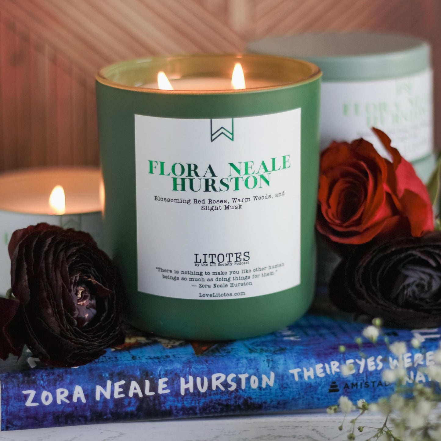 Luxury Soy Candle with the aroma of roses, woods, and slight musk. Flora Neale Hurston, celebrating author Zora Neale Hurston