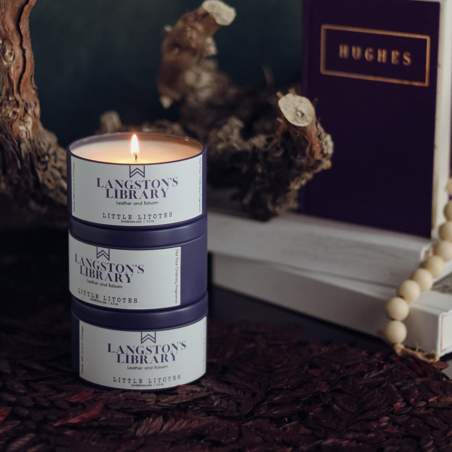 Luxury Soy Candle with the aroma of leather and balsam. Langston's Library, celebrating author Langston Hughes