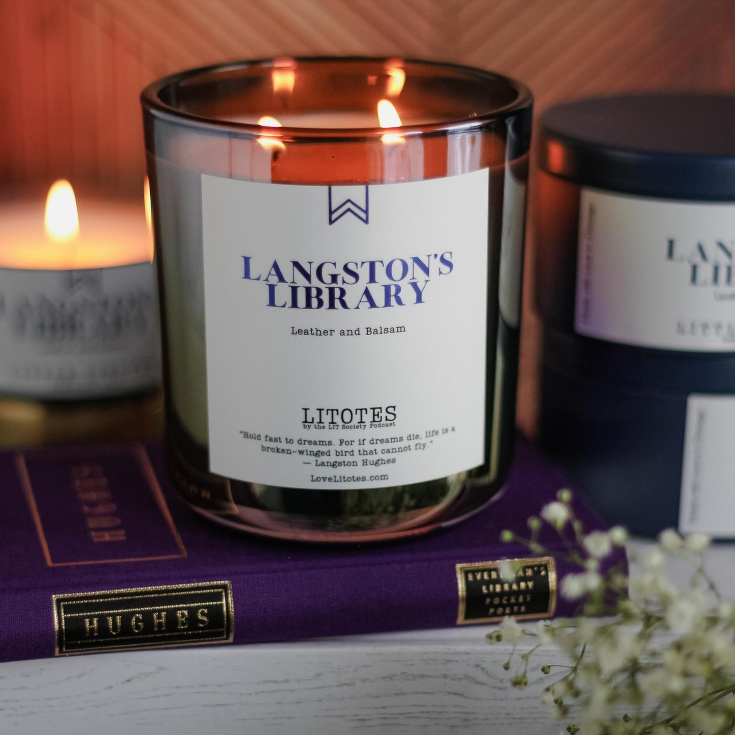 Luxury Soy Candle with the aroma of leather and balsam. Langston's Library, celebrating author Langston Hughes