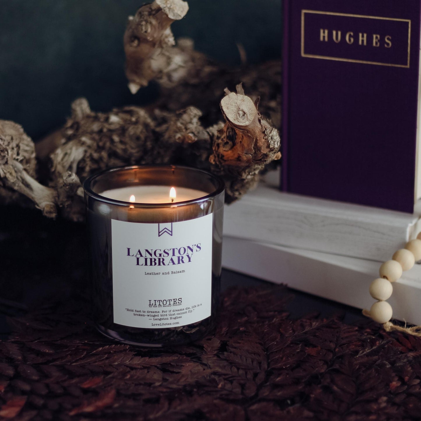 Luxury Soy Candle with the aroma of leather and balsam. Langston's Library, celebrating author Langston Hughes