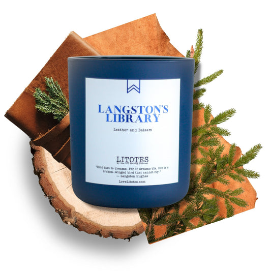 Luxury Soy Candle with the aroma of leather and balsam. Langston's Library, celebrating author Langston Hughes. Black-owned, woman-owned, Chicago-made luxury candle company.