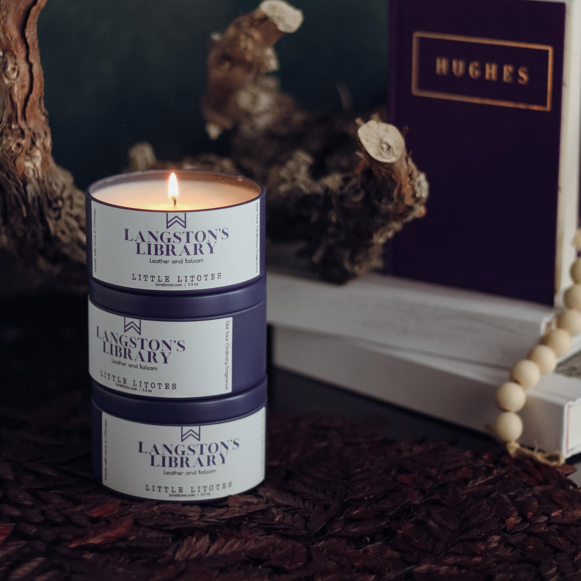 Perfect for travel — Luxury Soy Candle with the aroma of leather and balsam. Langston's Library, celebrating author Langston Hughes. Black-owned, woman-owned, Chicago-made luxury candle company.