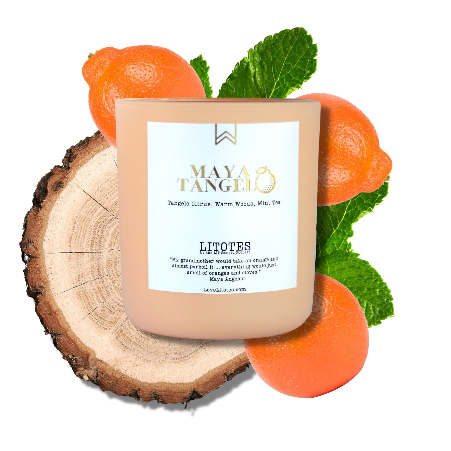 Luxury Soy Candle with the aroma of tangelo citrus, woods, and mint tea. Maya Tangelo, celebrating author Maya Angelou