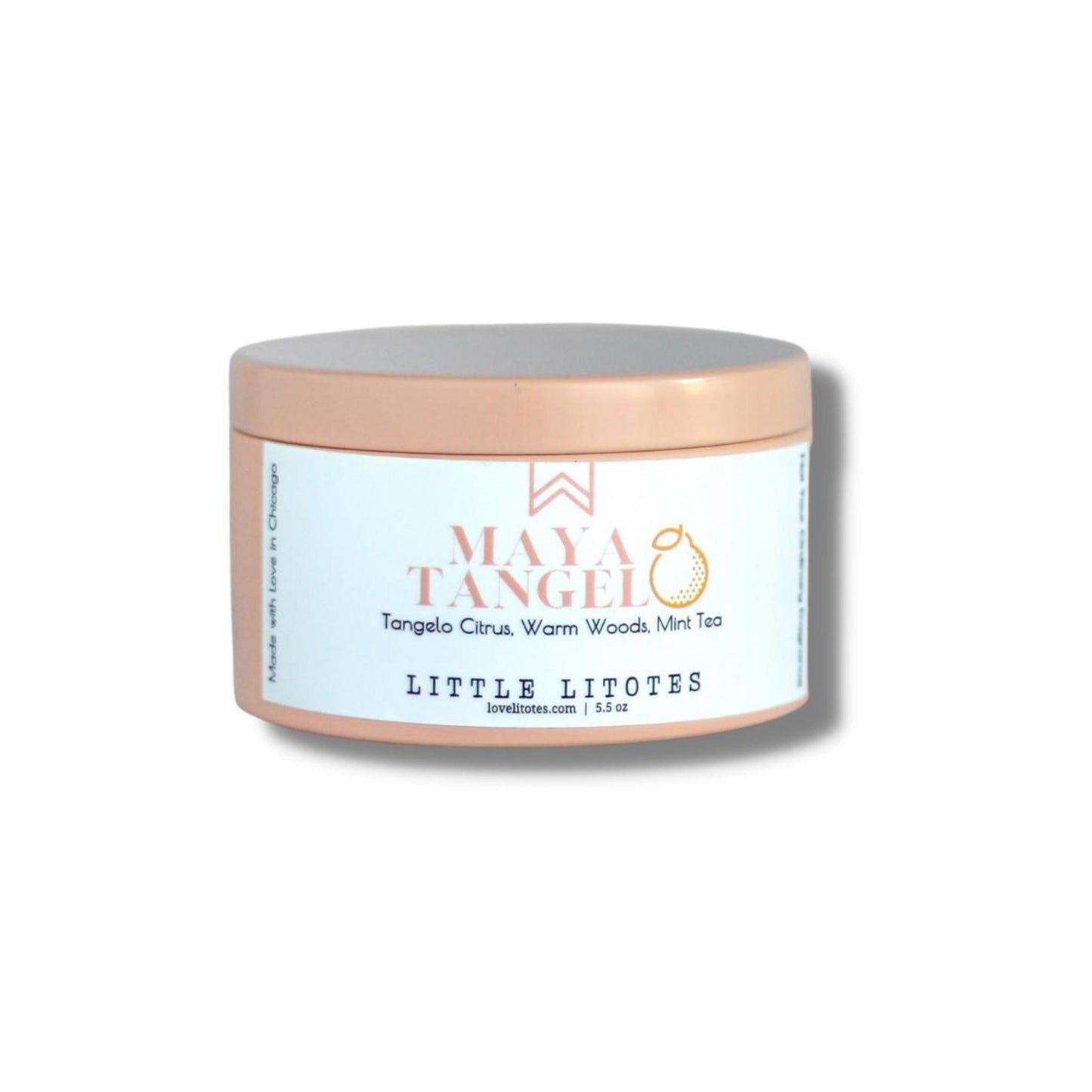 Luxury Soy Candle with the aroma of tangelo citrus, woods, and mint tea. Maya Tangelo, celebrating author Maya Angelou