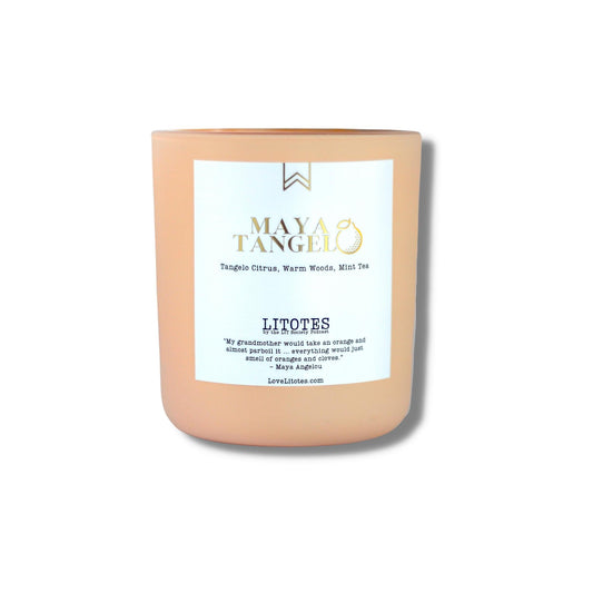 Black-owned, woman-owned, Chicago-made luxury soy candle with tangelo citrus, woods, and mint tea aroma. Celebrating the work and life of Maya Angelou, candles handcrafted in small batches.